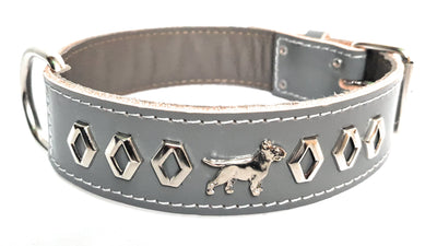 1.5" Grey Leather Dog Collar with Decorative Design and English Bull Terrier Badges