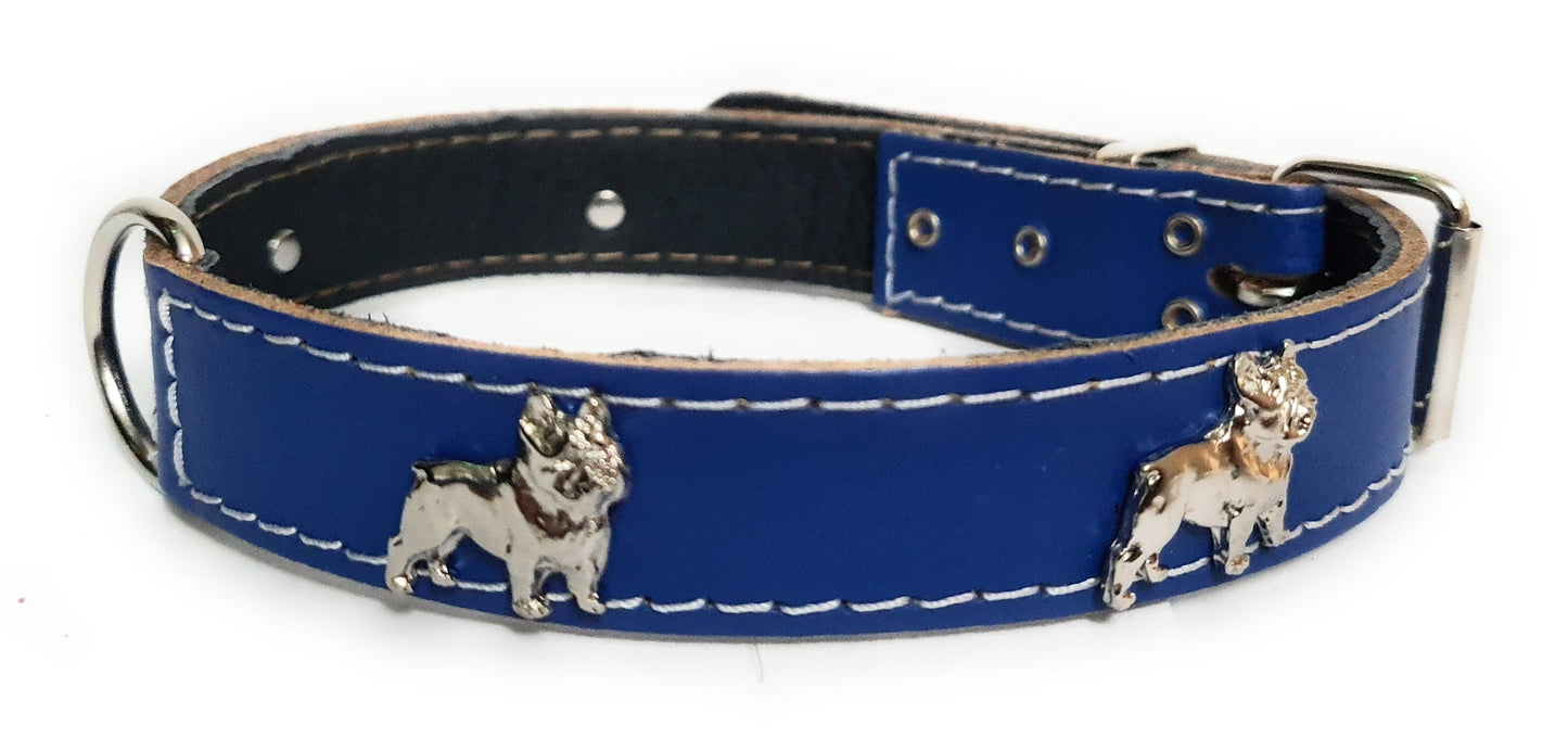 1" wide Beautiful Leather Dog Collars with French Bulldog Badges [ALL COLORS]