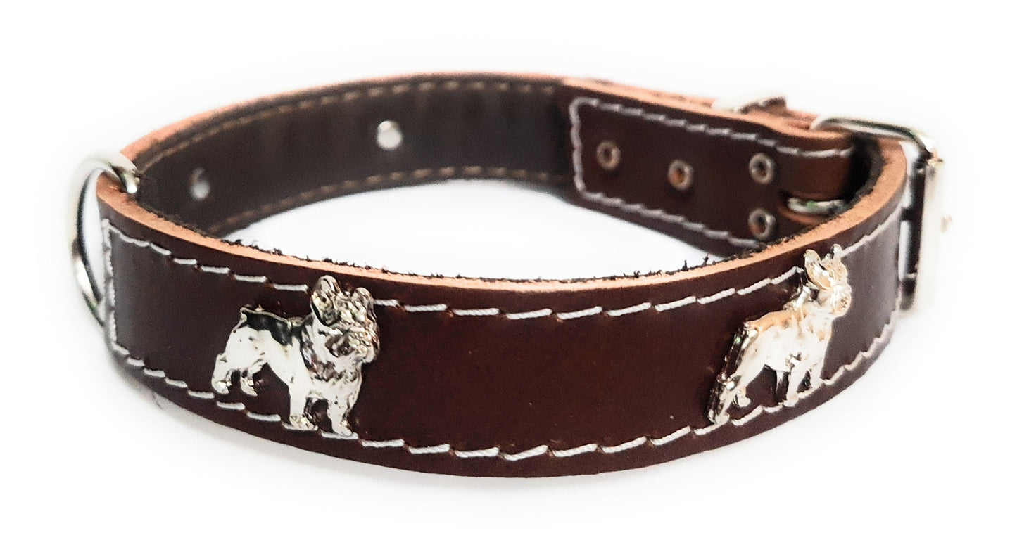 1" wide Beautiful Leather Dog Collars with French Bulldog Badges [ALL COLORS]