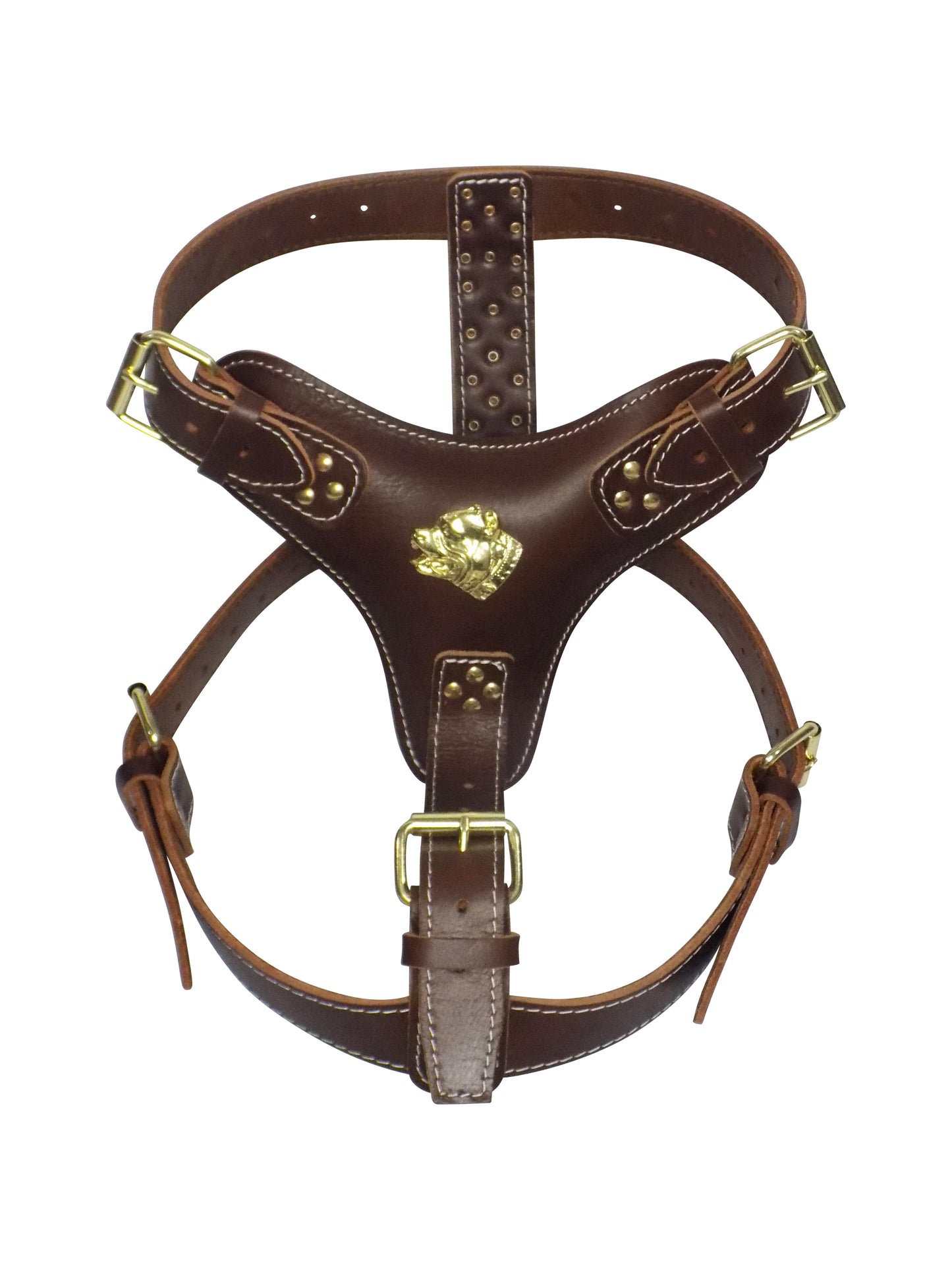 Extra Large Heavy Duty Leather Dog Harness with Gold American Bully Head Motif