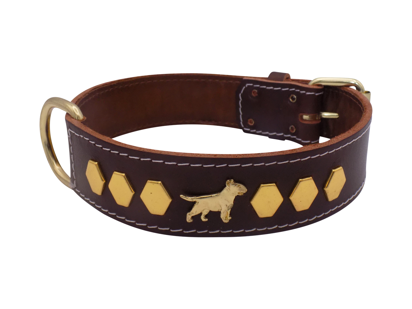 1.5" wide Leather Dog Collar with Decorative Gold Design and English Bull Terrier Badges