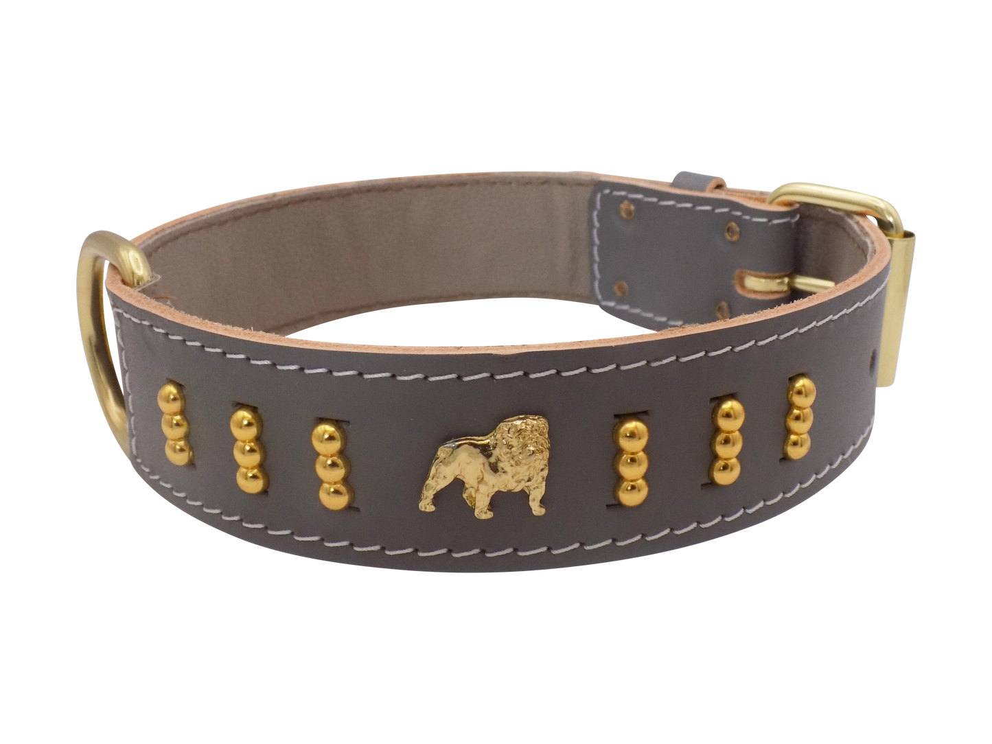 1.5" wide Leather Dog Collar with Unique Gold Design and English Bulldog Badges Style-4