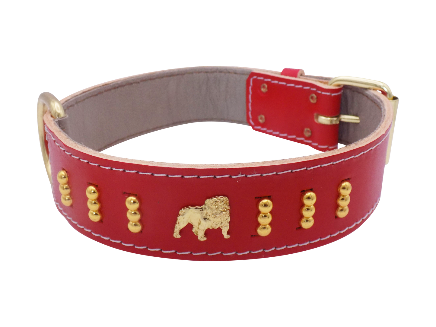 1.5" wide Leather Dog Collar with Unique Gold Design and English Bulldog Badges Style-4