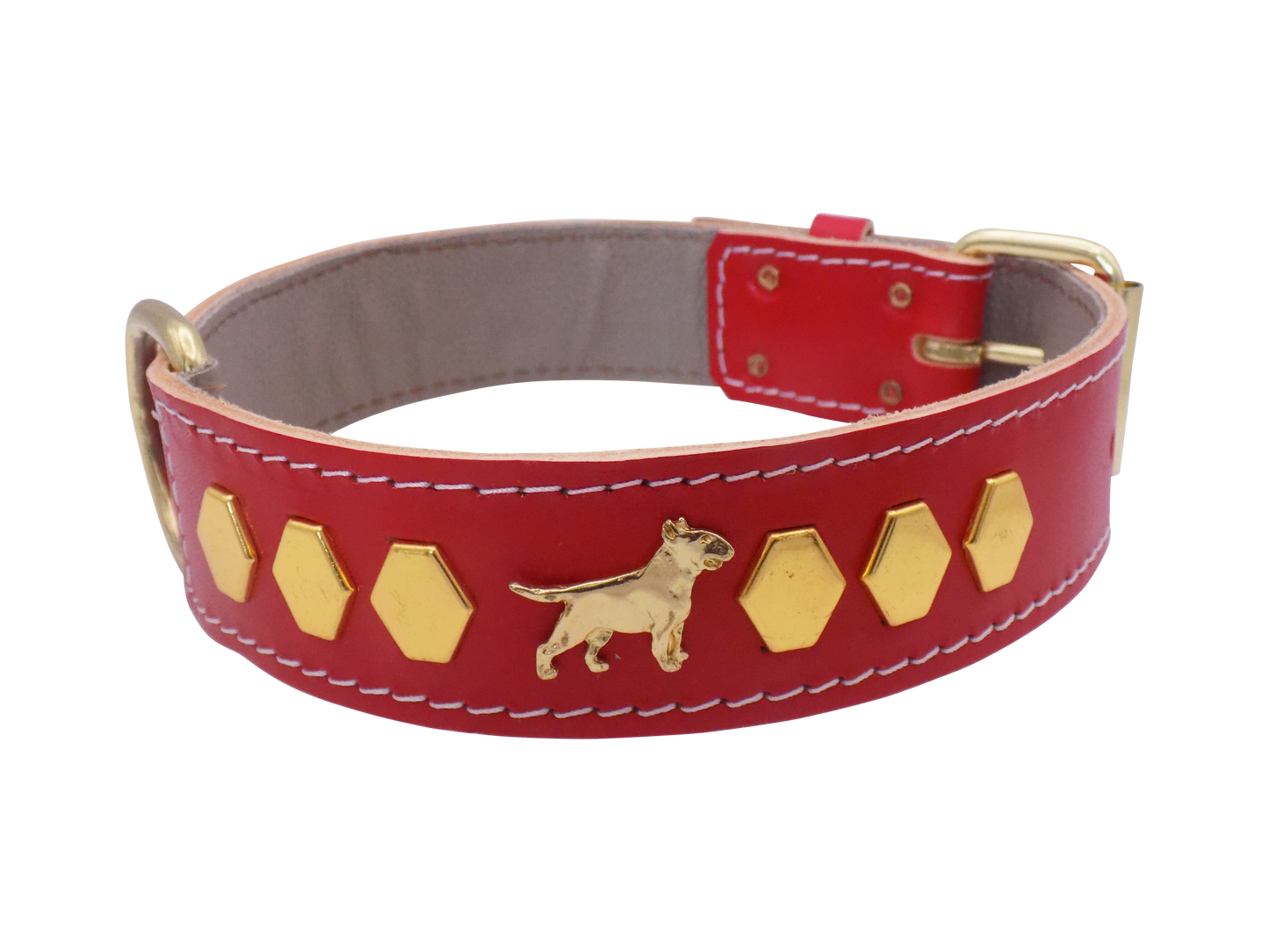 1.5" wide Leather Dog Collar with Decorative Gold Design and English Bull Terrier Badges