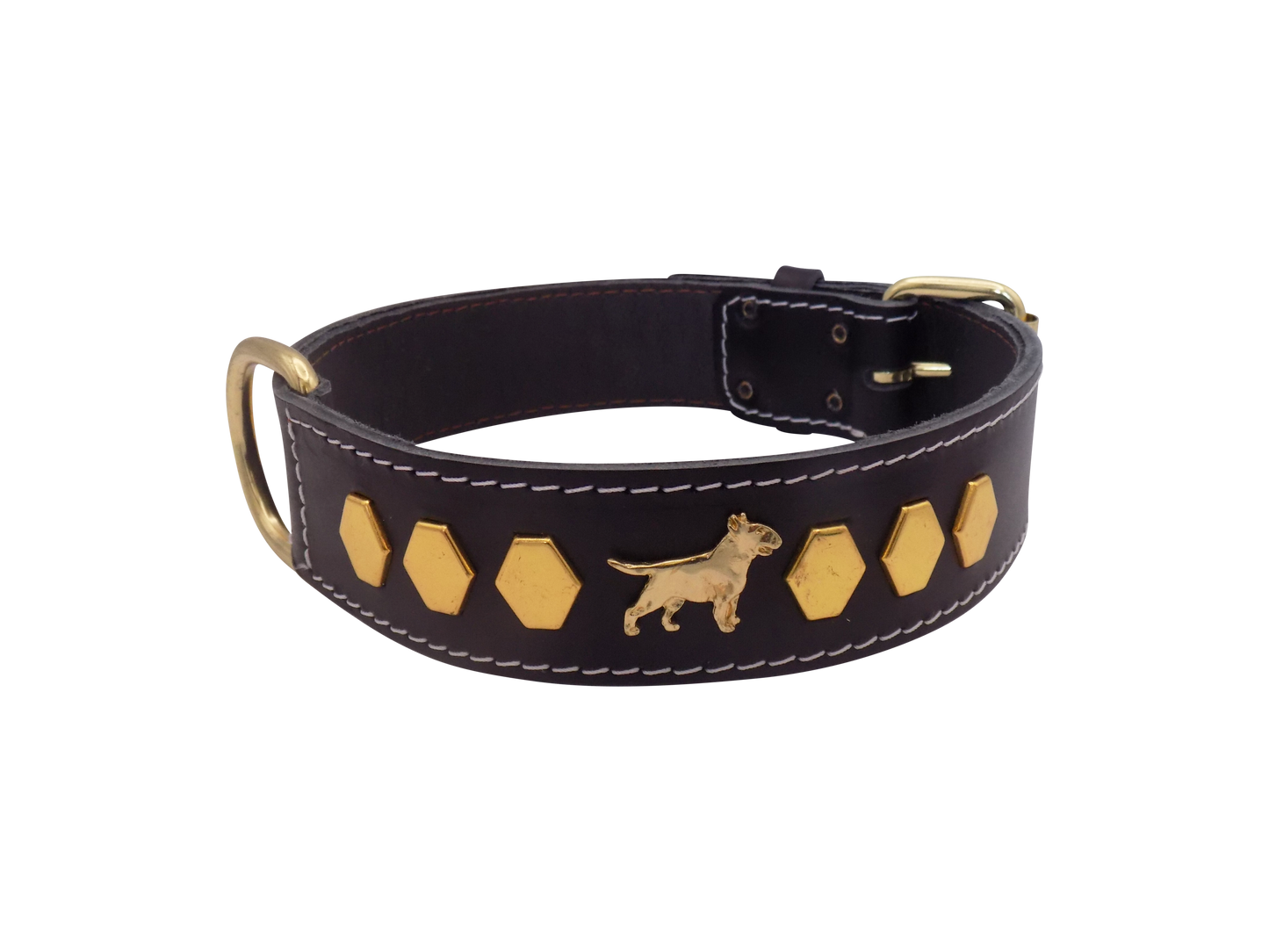 1.5" wide Leather Dog Collar with Decorative Gold Design and English Bull Terrier Badges