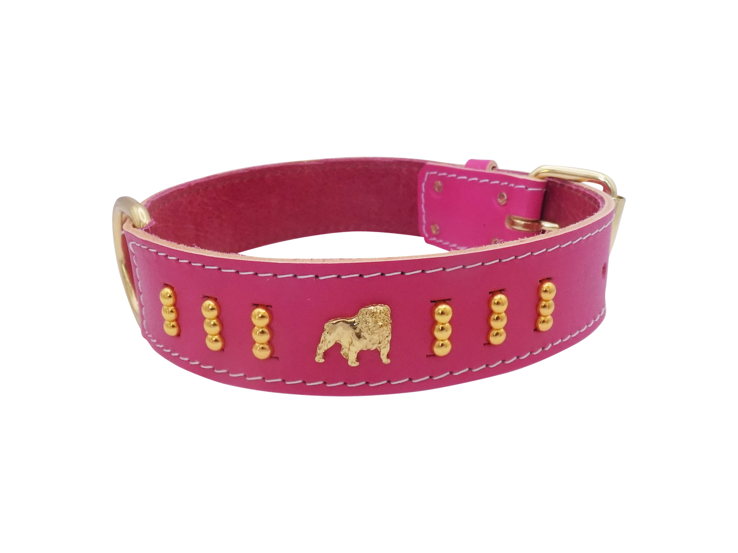 1.5" wide Leather Dog Collar with Unique Gold Design and English Bulldog Badges Style-4