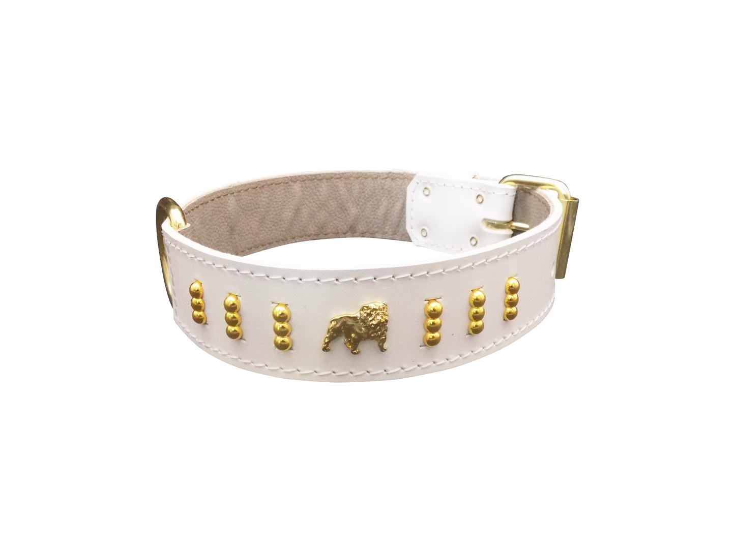 1.5" wide Leather Dog Collar with Unique Gold Design and English Bulldog Badges Style-4