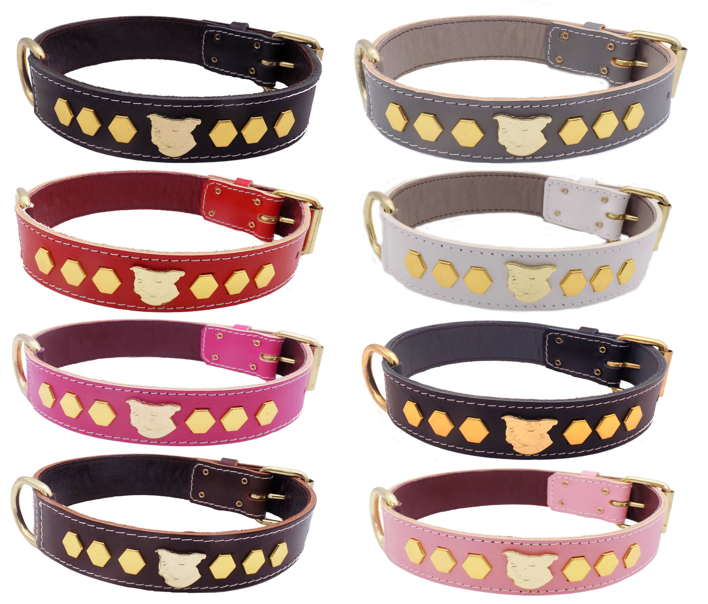 1.5" Staffy Leather Dog Collar with Unique Gold Decorative Design and Staffordshire Bull Terrier Badge