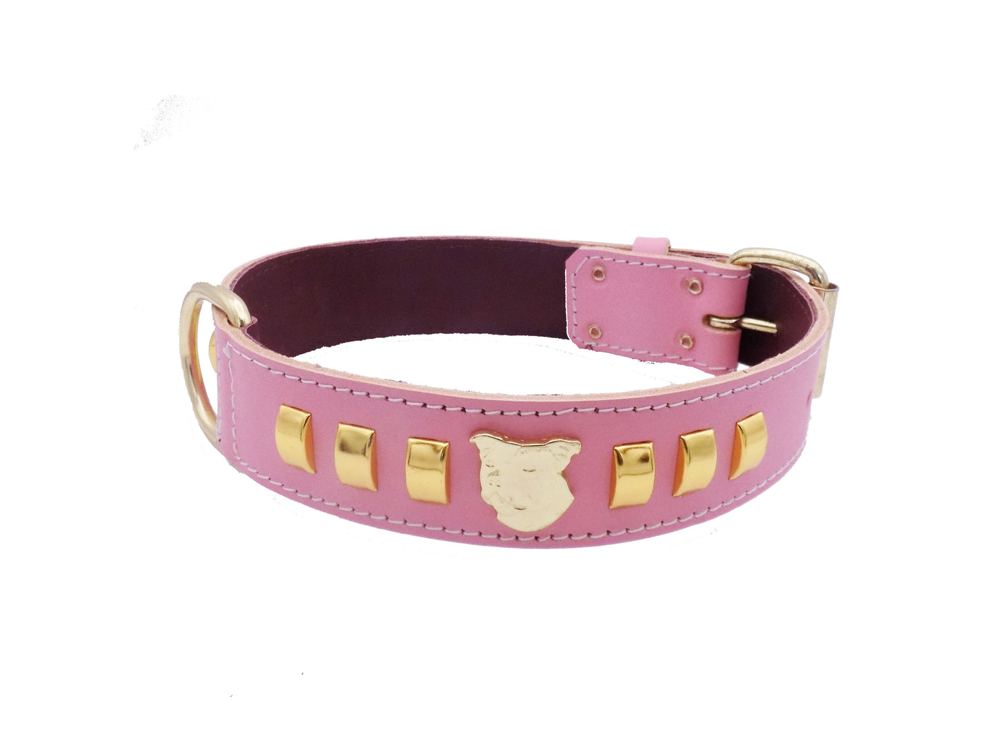 1.5" Staffy Leather Dog Collar with Gold Decorative Design and Staffordshire Bull Terrier Badge