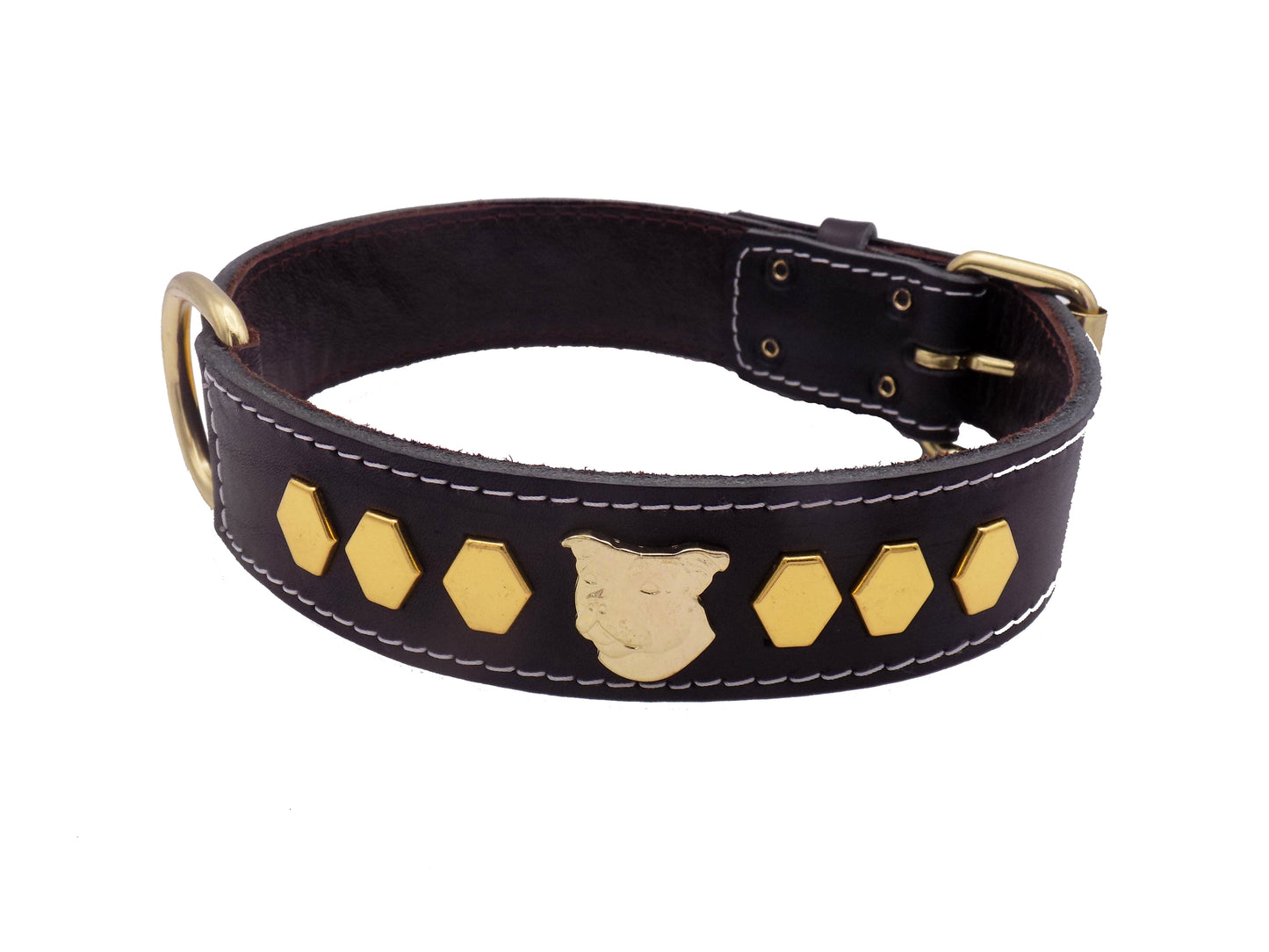 1.5" Staffy Leather Dog Collar with Unique Gold Decorative Design and Staffordshire Bull Terrier Badge