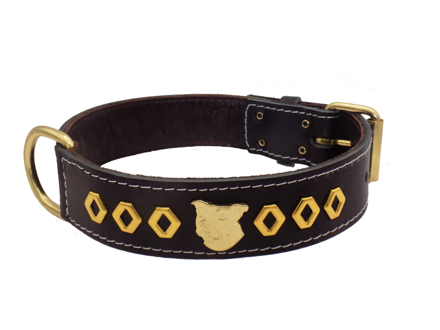 1.5" Staffy Leather Dog Collar with Gold Decorative Design and Staffordshire Bull Terrier Badge