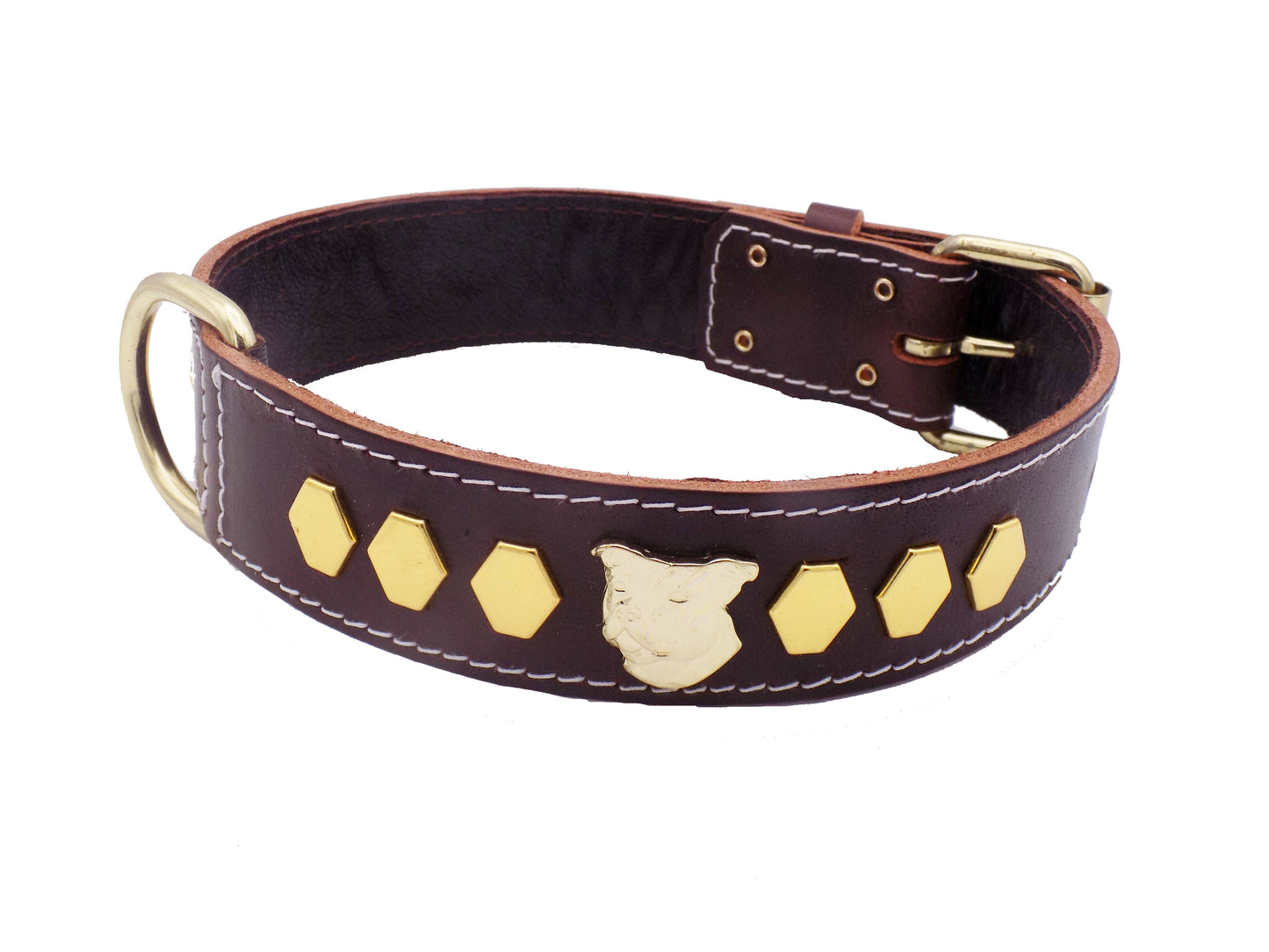 1.5" Staffy Leather Dog Collar with Unique Gold Decorative Design and Staffordshire Bull Terrier Badge