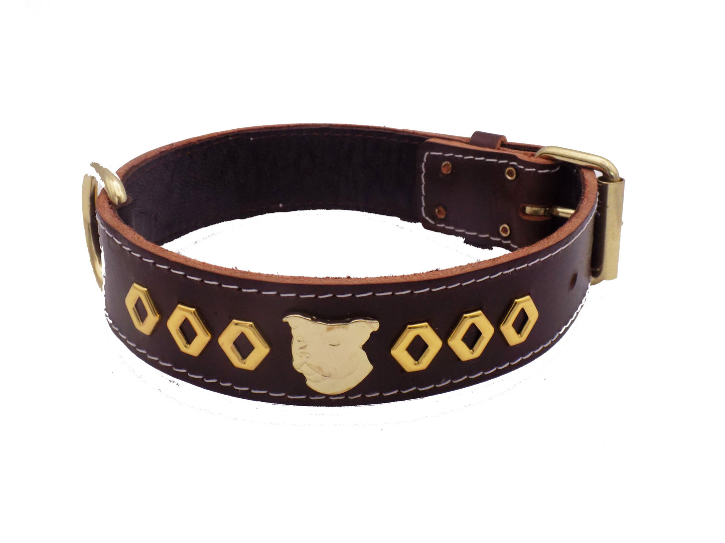 1.5" Staffy Leather Dog Collar with Gold Decorative Design and Staffordshire Bull Terrier Badge