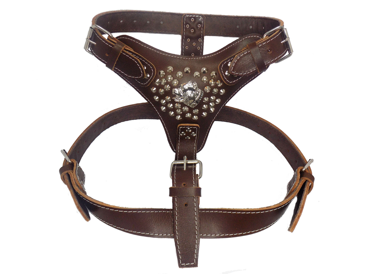 Extra Large Heavy Duty Leather Dog Harness with Silver American Bully and Studded Design