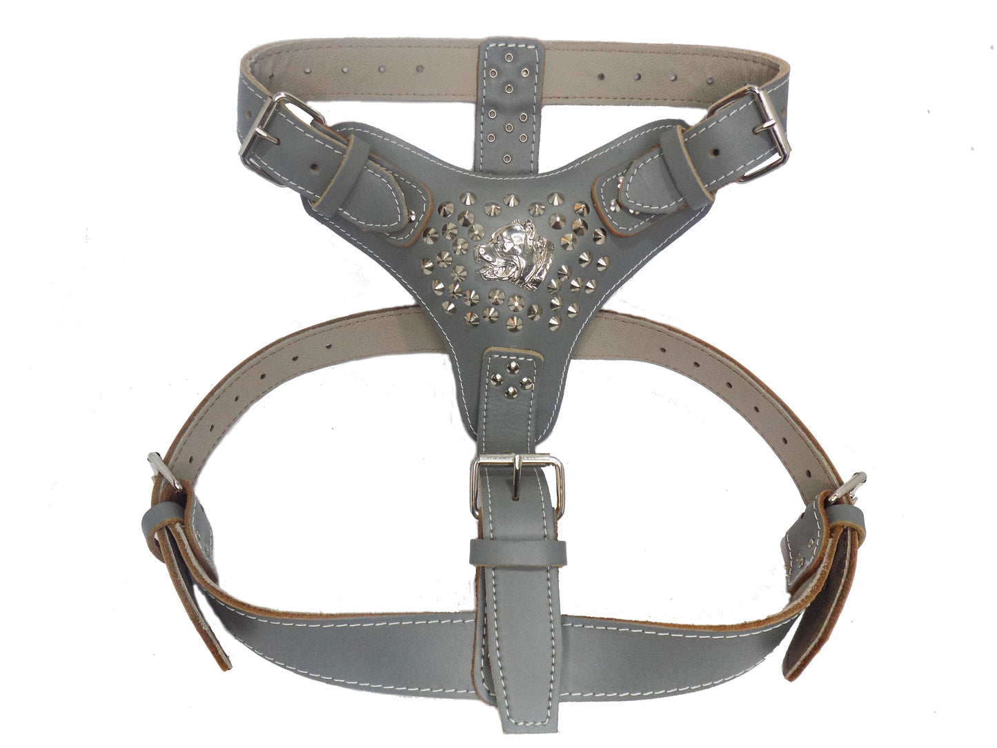 Extra Large Heavy Duty Leather Dog Harness with Silver American Bully and Studded Design