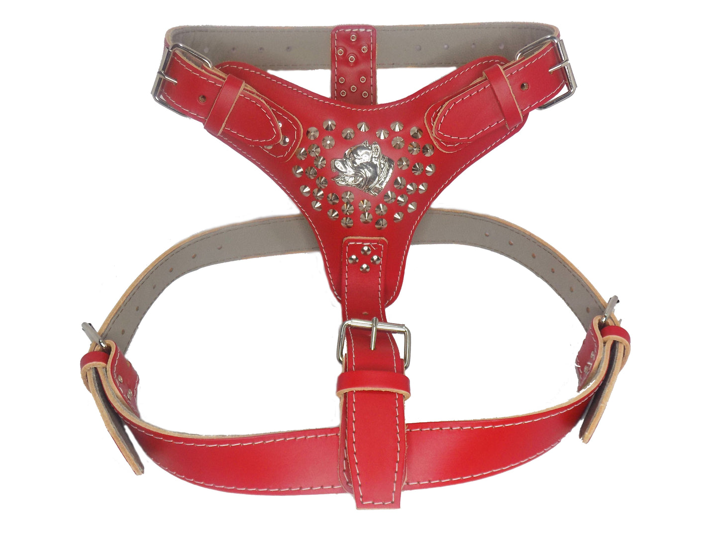 Extra Large Heavy Duty Leather Dog Harness with Silver American Bully and Studded Design