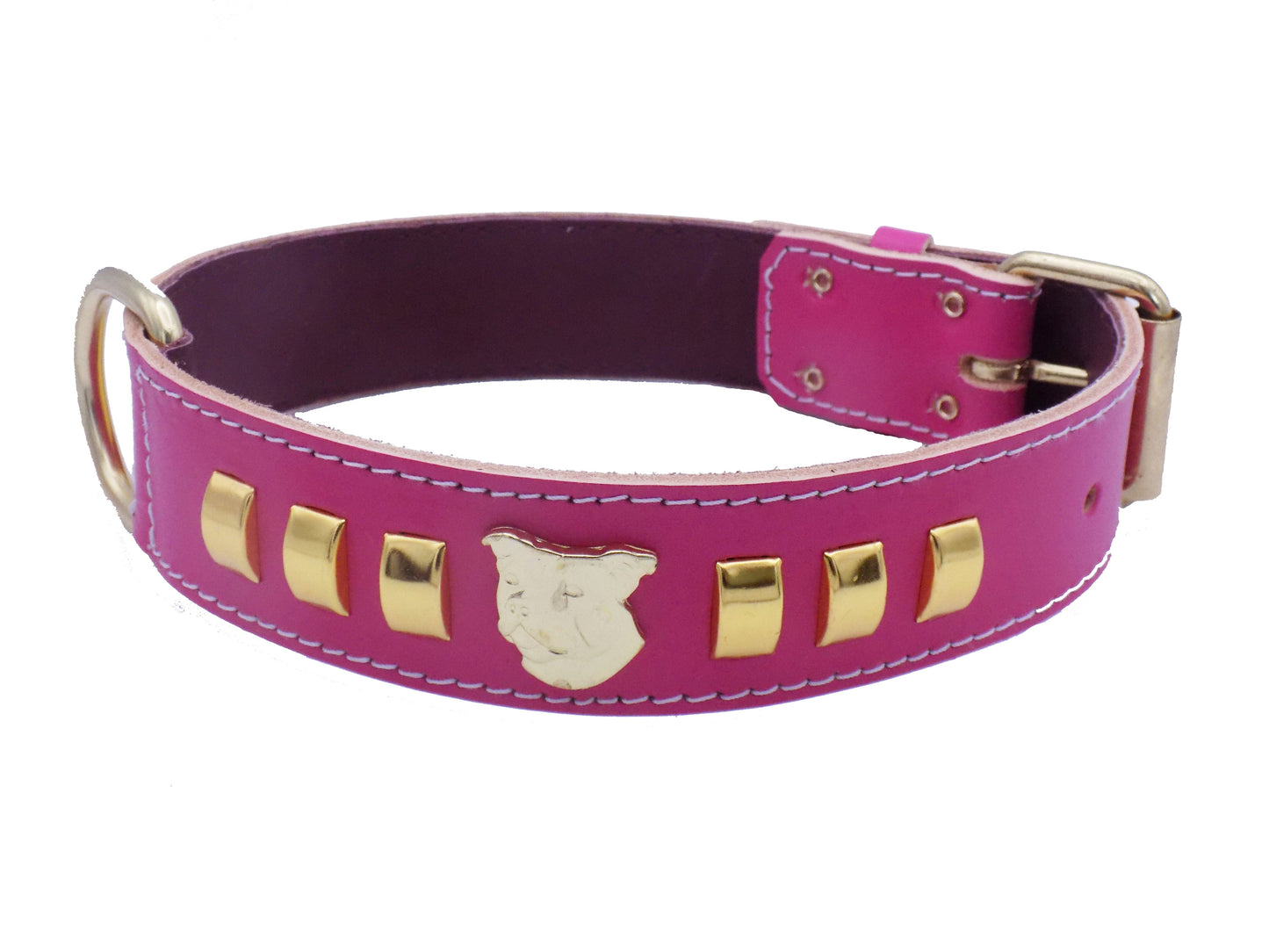 1.5" Staffy Leather Dog Collar with Gold Decorative Design and Staffordshire Bull Terrier Badge