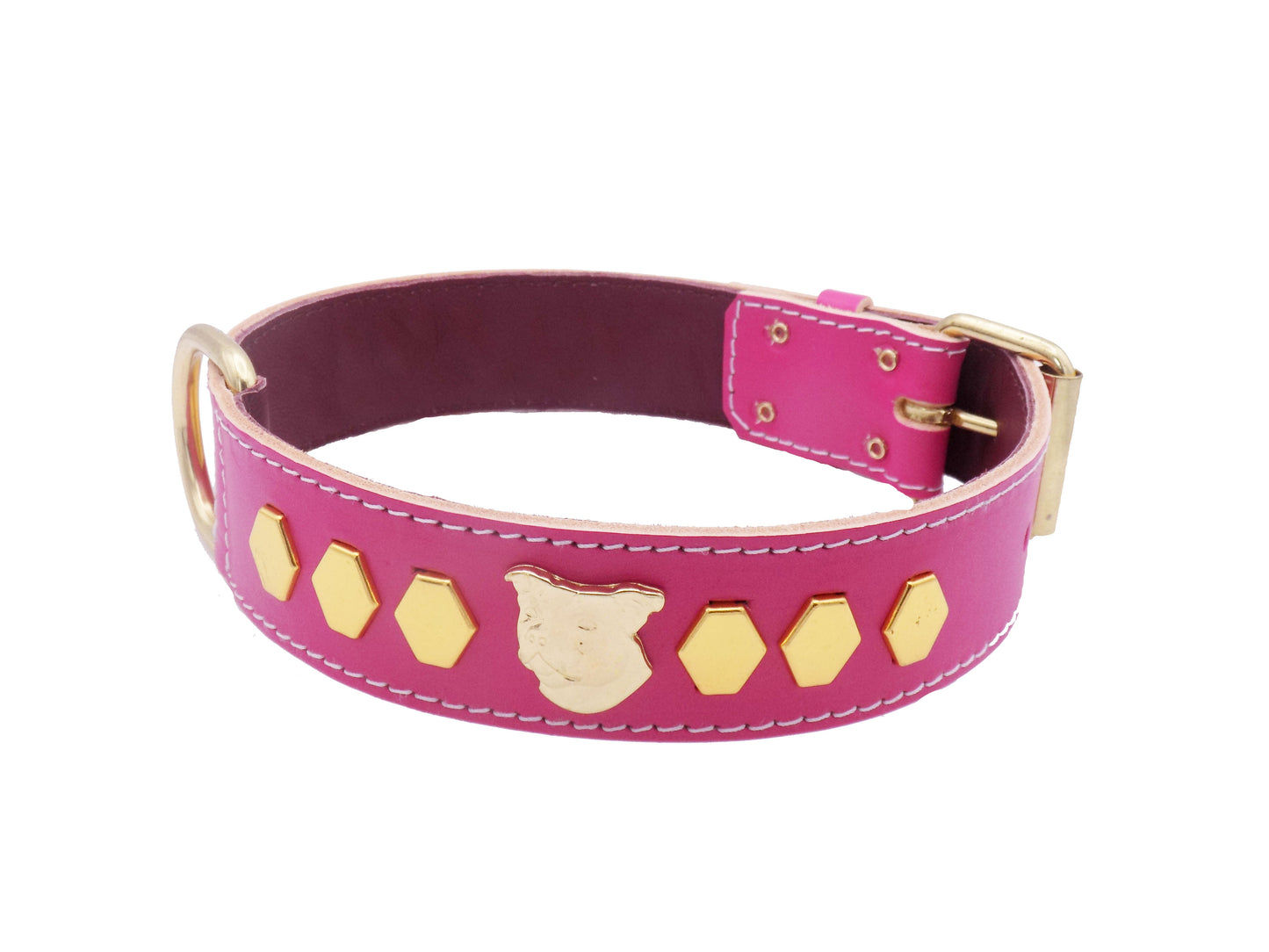 1.5" Staffy Leather Dog Collar with Unique Gold Decorative Design and Staffordshire Bull Terrier Badge