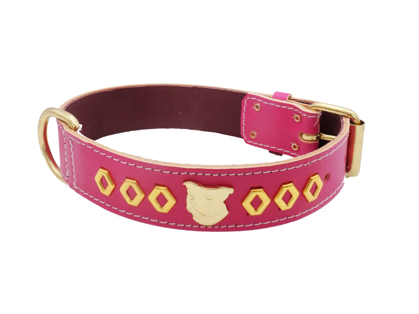 1.5" Staffy Leather Dog Collar with Gold Decorative Design and Staffordshire Bull Terrier Badge