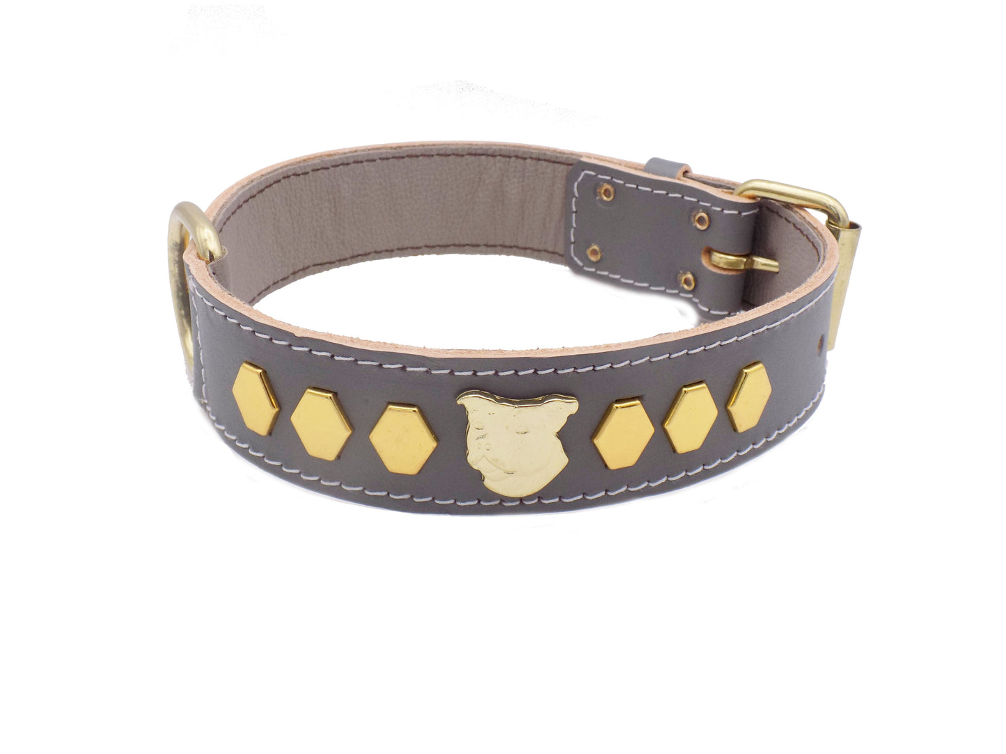 1.5" Staffy Leather Dog Collar with Unique Gold Decorative Design and Staffordshire Bull Terrier Badge