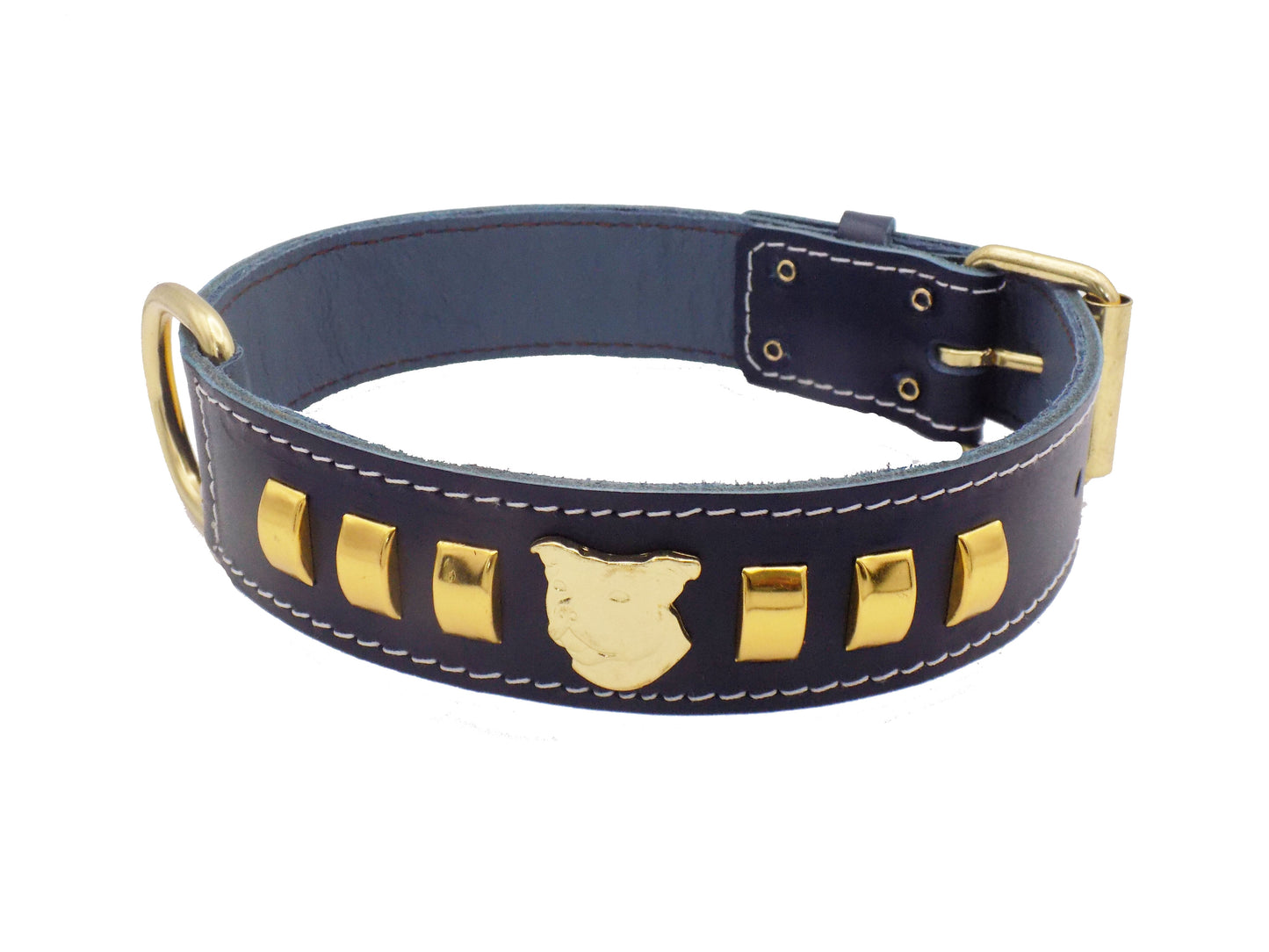 1.5" Staffy Leather Dog Collar with Gold Decorative Design and Staffordshire Bull Terrier Badge