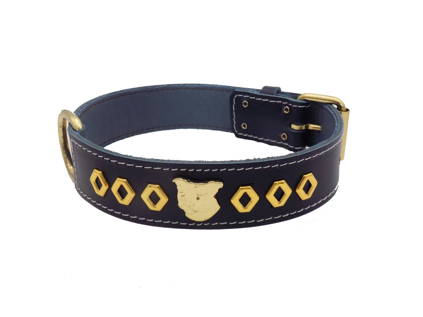 1.5" Staffy Leather Dog Collar with Gold Decorative Design and Staffordshire Bull Terrier Badge