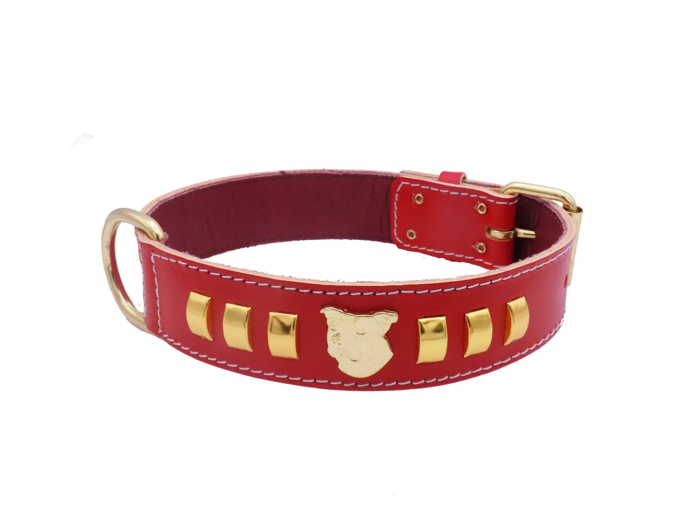 1.5" Staffy Leather Dog Collar with Gold Decorative Design and Staffordshire Bull Terrier Badge