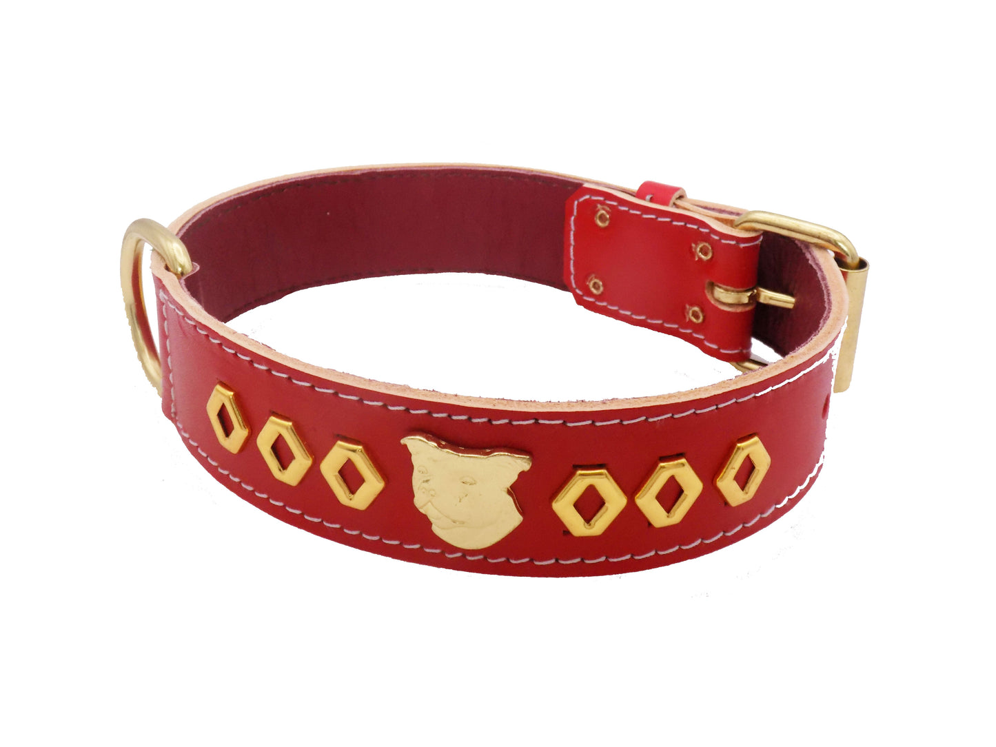 1.5" Staffy Leather Dog Collar with Gold Decorative Design and Staffordshire Bull Terrier Badge