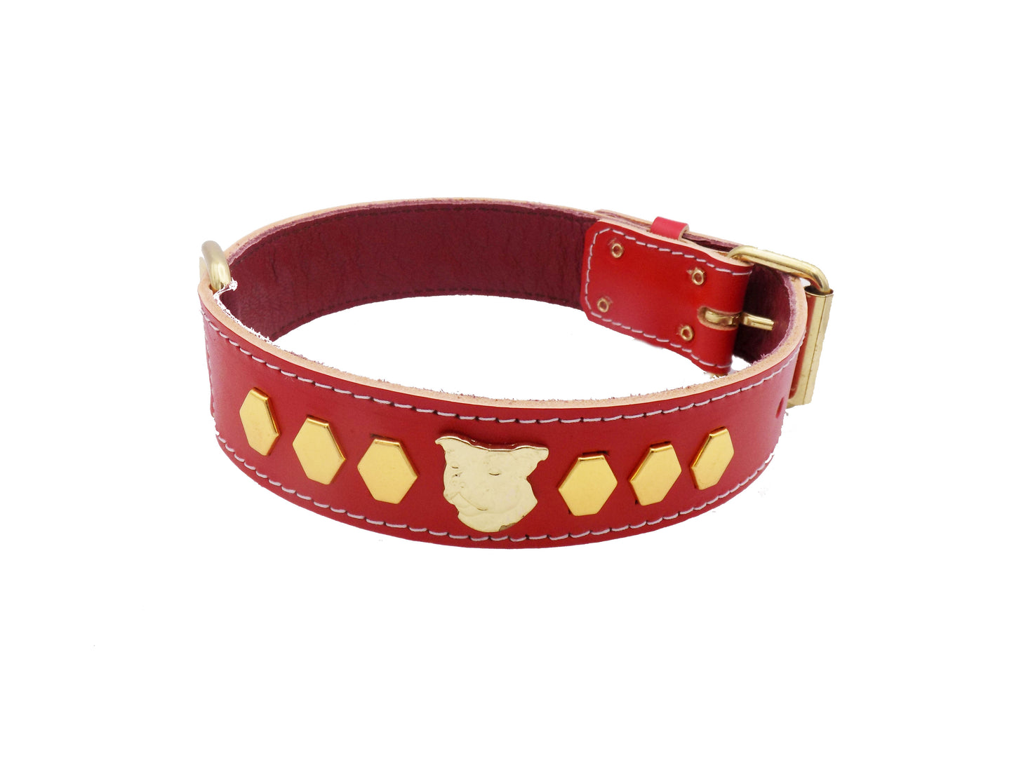 1.5" Staffy Leather Dog Collar with Unique Gold Decorative Design and Staffordshire Bull Terrier Badge