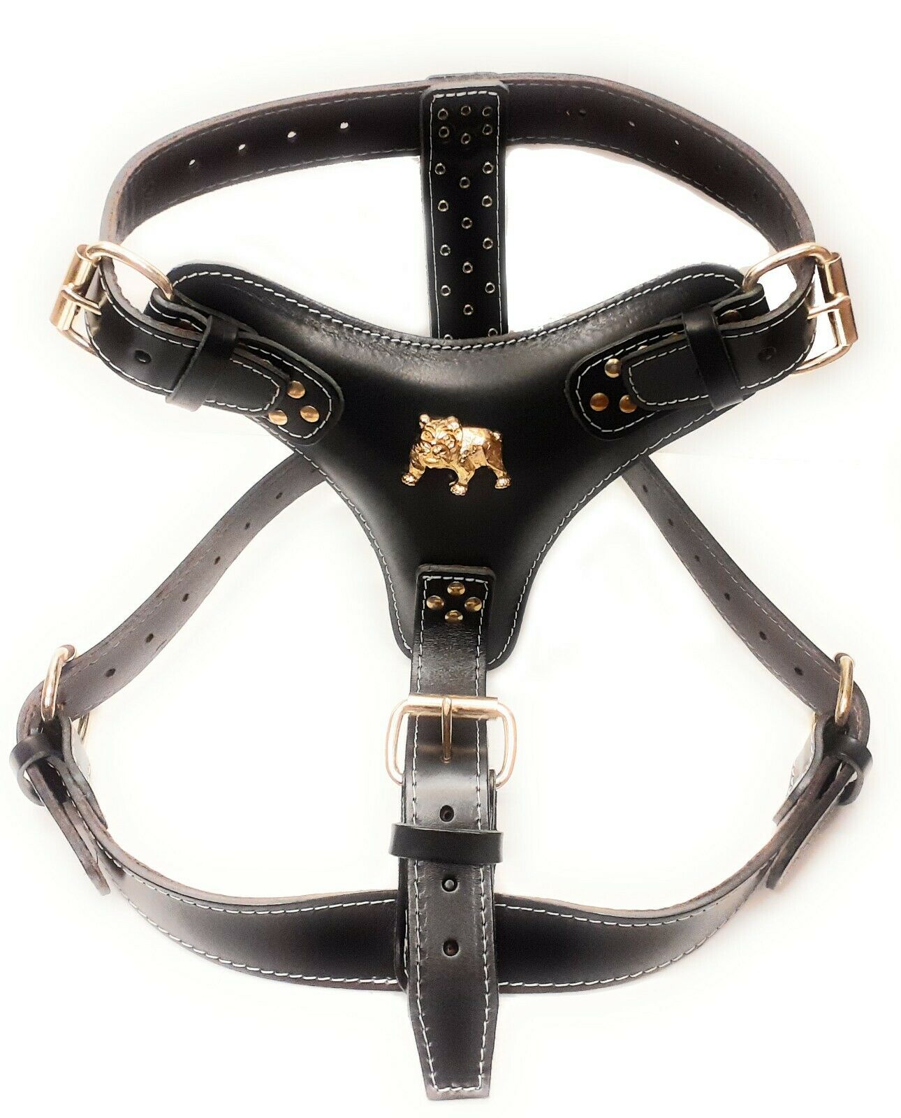 Extra Large Heavy Duty Black Leather Dog Harness with English Bulldog Badge