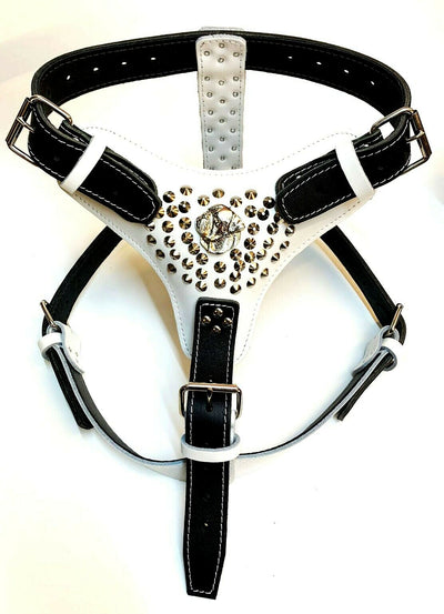 Two Tone Extra Large Heavy Duty White/Black Leather Dog Harness with American Bulldog Head