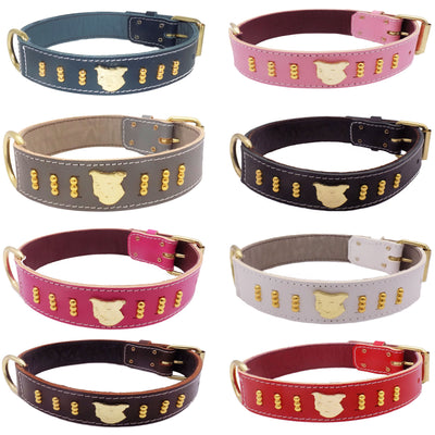 1.5" wide Staffy Leather Dog Collar with Gold Unique Decorative Design and Staffordshire Bull Terrier Badge