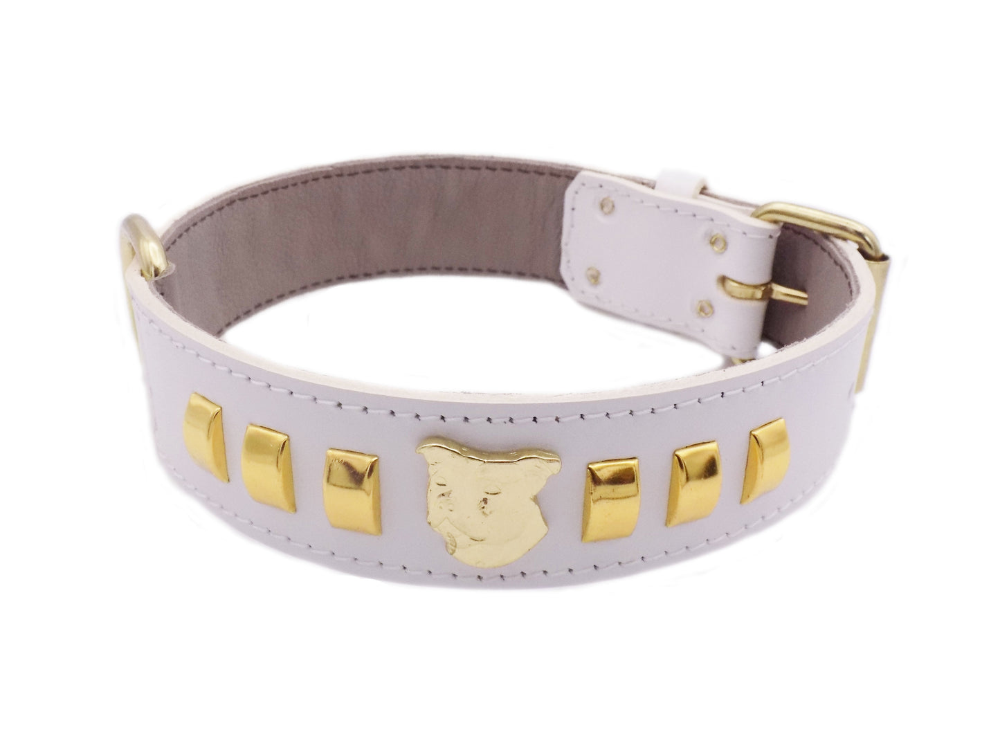 1.5" Staffy Leather Dog Collar with Gold Decorative Design and Staffordshire Bull Terrier Badge