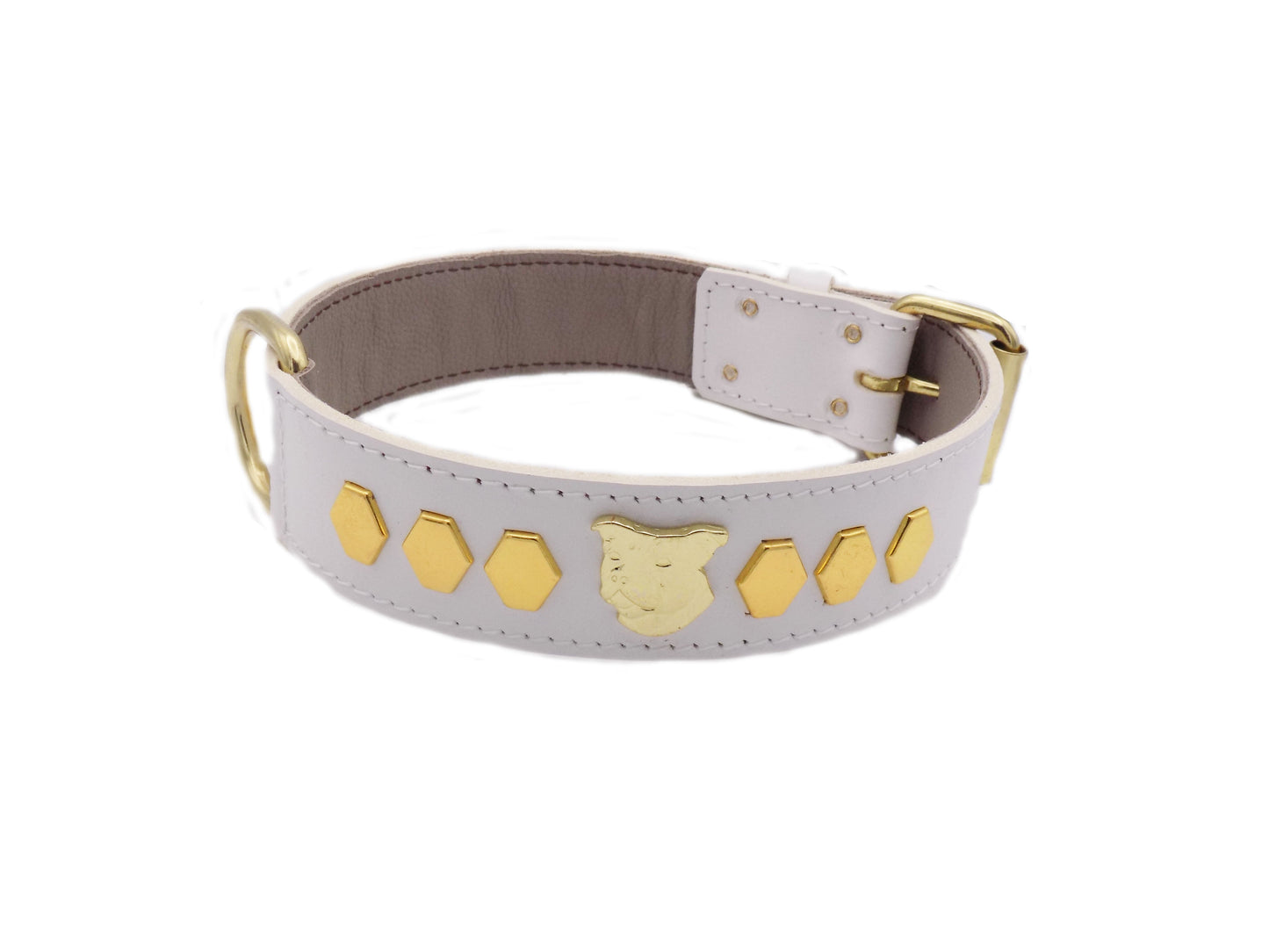 1.5" Staffy Leather Dog Collar with Unique Gold Decorative Design and Staffordshire Bull Terrier Badge