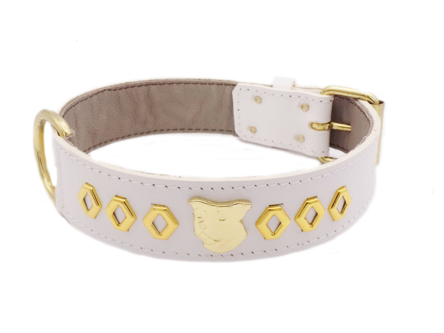 1.5" Staffy Leather Dog Collar with Gold Decorative Design and Staffordshire Bull Terrier Badge